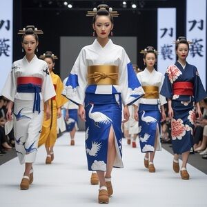 HANDCRAFTED Elegant Kimono with Crane Design models on a catwalk digital print